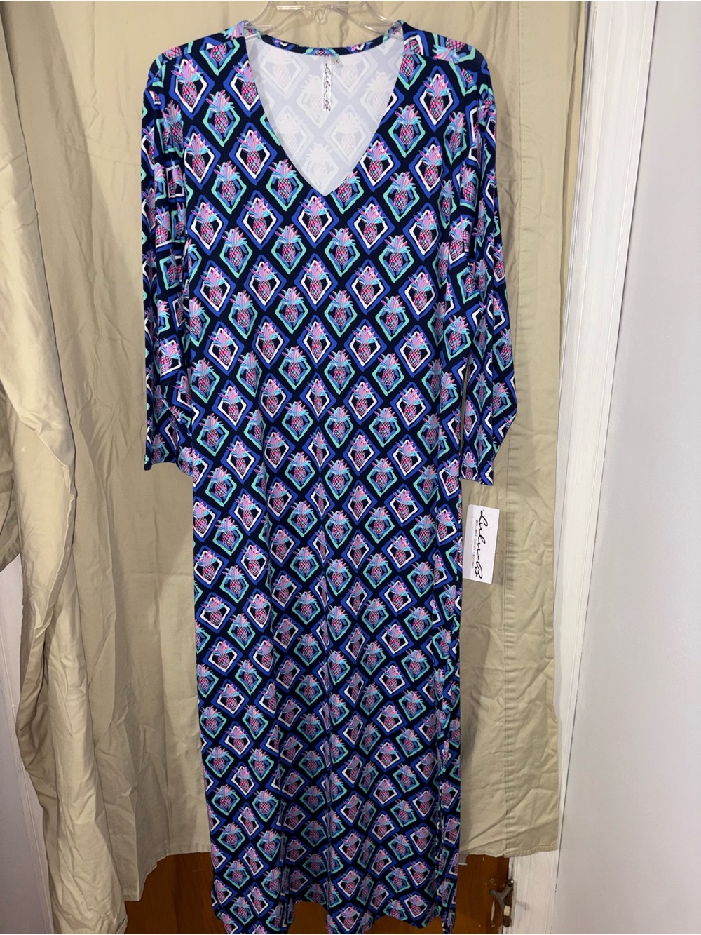 Lulu-B Blue Geometric V-Neck Maxi Dress with Pink Accents